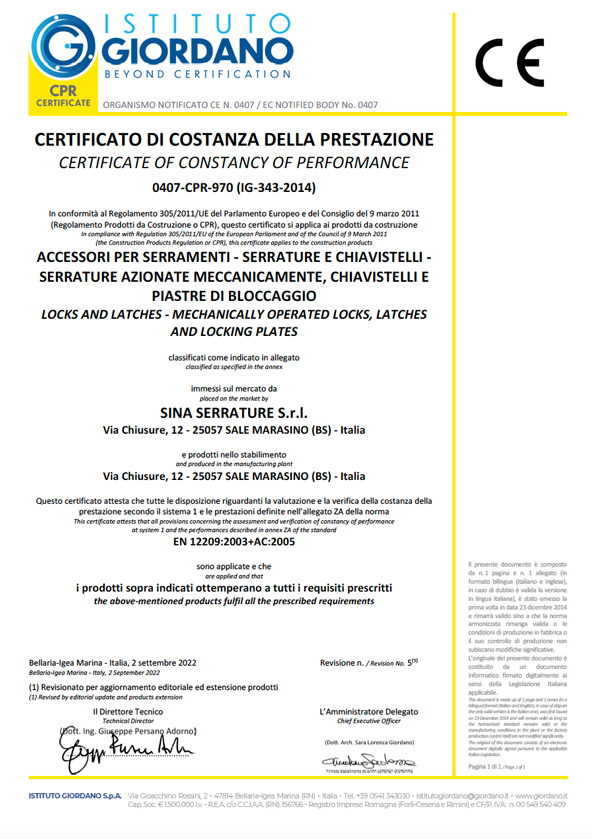 CERTIFICADO DE COSTANCIA DE LAS PRESTACIONES - EN 12209:2003+AC:2005