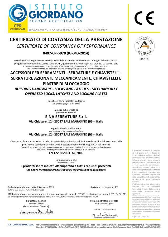 CONSTANCY OF PERFORMANCE - EN 12209:2003+AC:2005